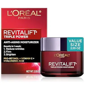 'Oreal Paris Revitalift Triple Power Crema hidratante facial antienvejecimiento, Pro Retinol, ácido hialurónico y vitamina C, reduce las arrugas, 2.55...