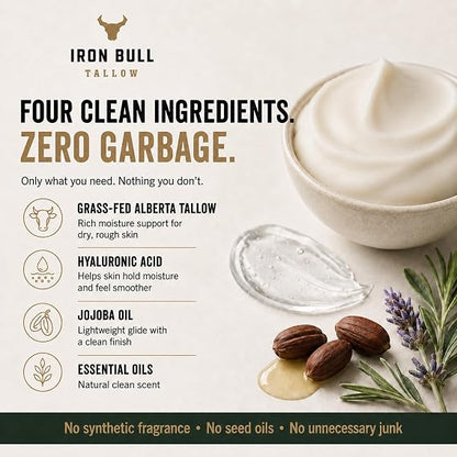 Hidratante facial de sebo de res para hombres. Antienvejecimiento con ácido hialurónico para arrugas. Bálsamo para piel de sebo de res alimentada con pasto y aceite de jojoba