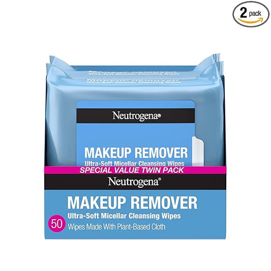 Neutrogena Toallitas para quitar maquillaje micelares sin alcohol para el rostro, eliminan la máscara impermeable y el aceite, toallitas de tela 100% compostable a base de plantas