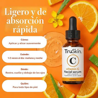 TruSkin - Suero de vitamina C para la cara, suero facial antienvejecimiento con vitamina C, ácido hialurónico, vitamina E, fórmula iluminadora, mejora la apariencia de manchas oscuras, tono, líneas