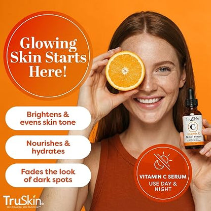 TruSkin - Suero de vitamina C para la cara, suero facial antienvejecimiento con vitamina C, ácido hialurónico, vitamina E, fórmula iluminadora, mejora la apariencia de manchas oscuras, tono, líneas